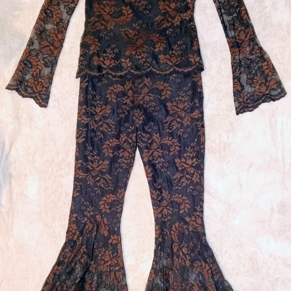 Vintage Casadei Set  Black  Brown Lace Off-Shoulder Top & Flared Pants Sz S - Picture 3 of 15